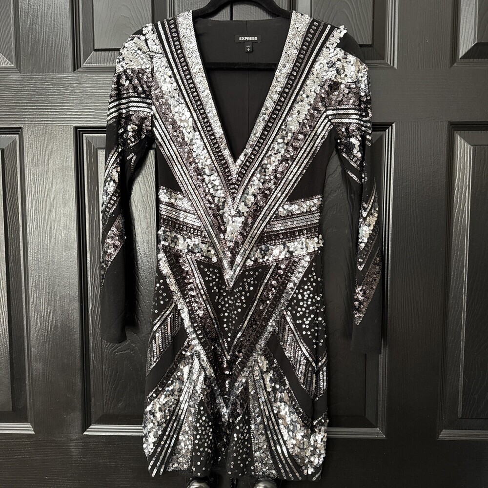 Express Sequin Party Dress Black Silver Women’s Size Small Cocktail